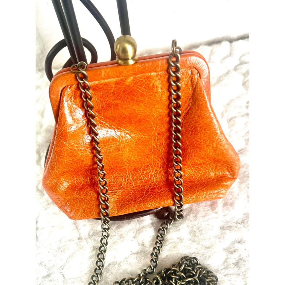 HOBO vintage orange leather kiss-lock clutch purse with crossbody chain - Picture 4 of 6